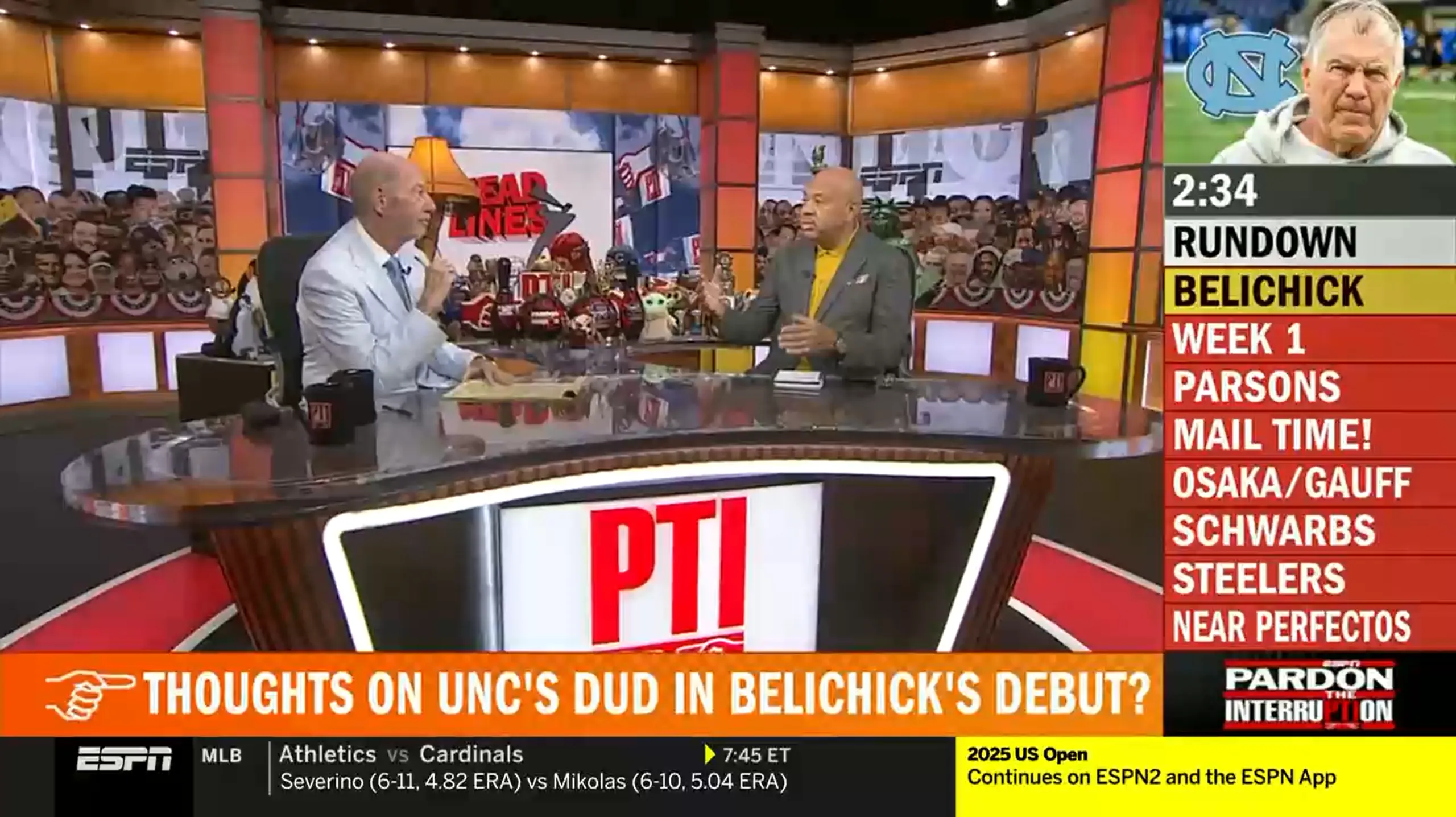 Pardon the Interruption with the countdown timer and topic rundown visible on screen