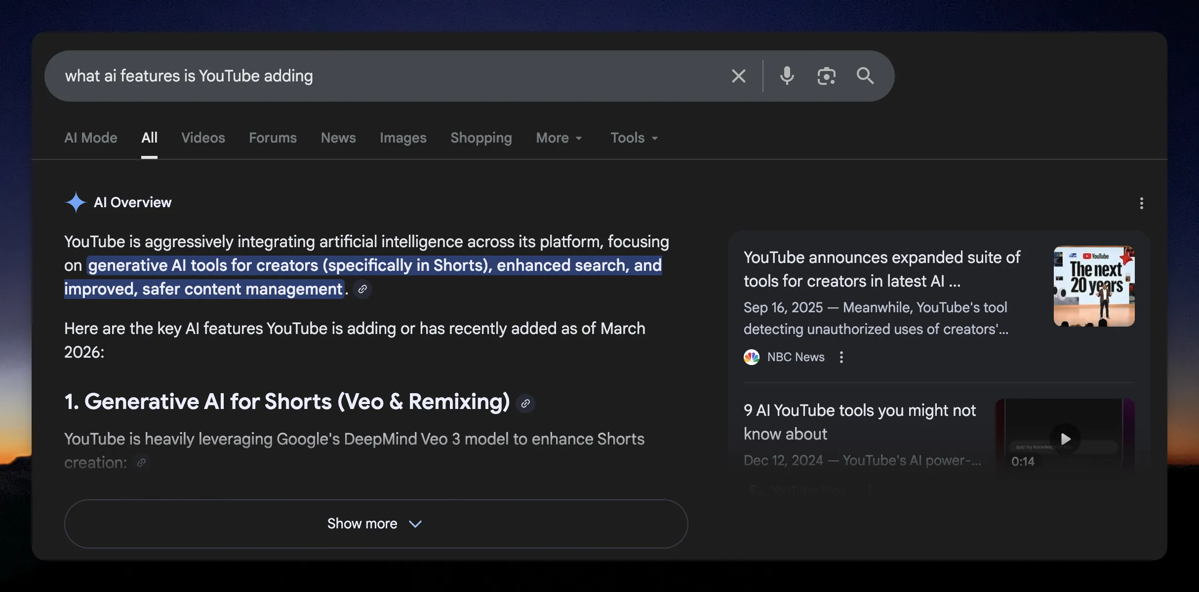 Google AI Overview answering a search query about YouTube AI features directly in the search results
