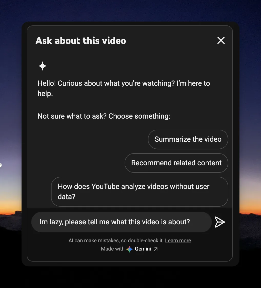 YouTube's Ask about this video feature powered by Gemini, showing suggested prompts like Summarize the video and Recommend related content