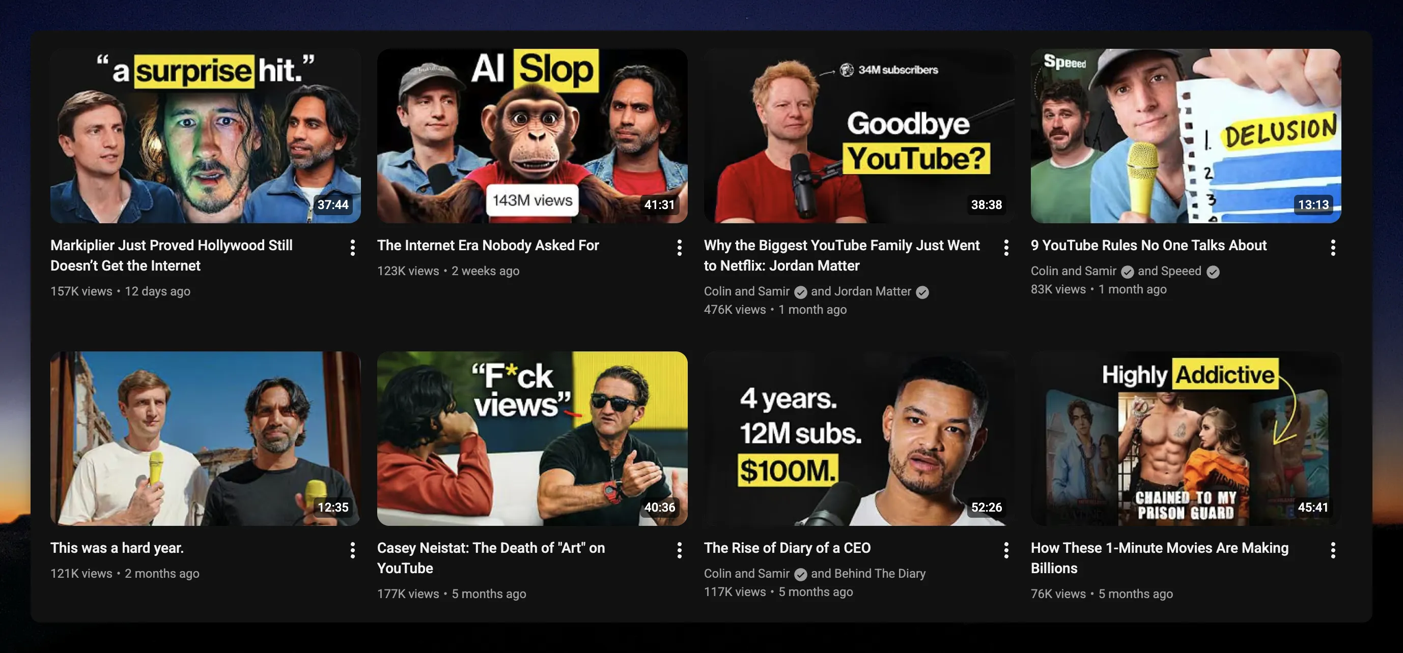 Colin and Samir's YouTube channel showing long-form videos about the creator economy