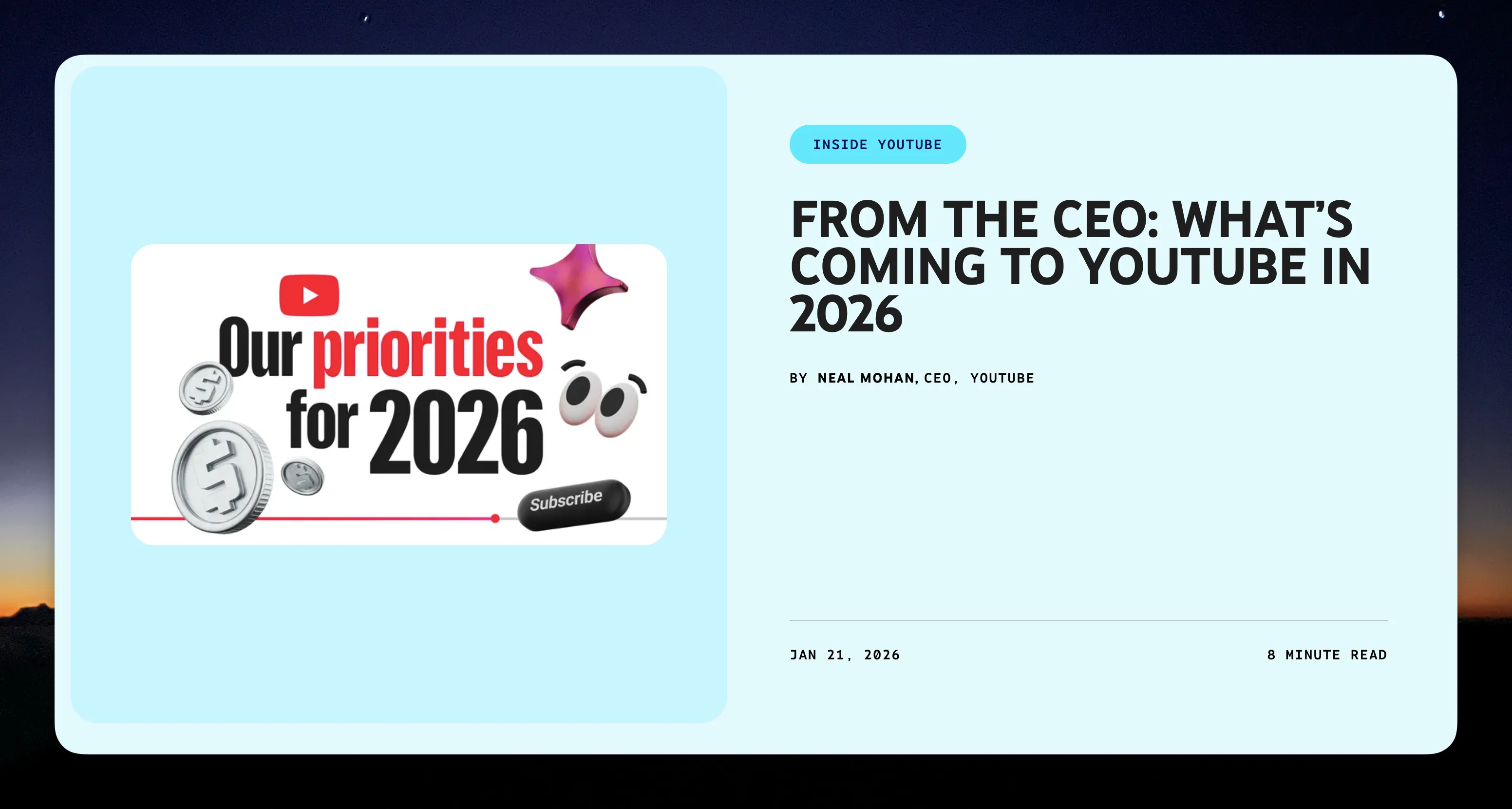 From the CEO: What's Coming to YouTube in 2026 by Neal Mohan, CEO, YouTube