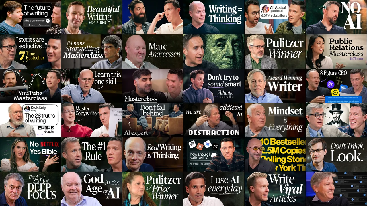 Collage of 30 How I Write episode thumbnails featuring Sam Altman, Richard Powers, Tim Ferriss, Alex Hormozi, and more