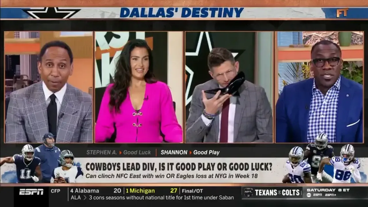 Stephen A. Smith, Molly Qerim, Dan Orlovsky, and Shannon Sharpe on ESPN's First Take debating the Dallas Cowboys